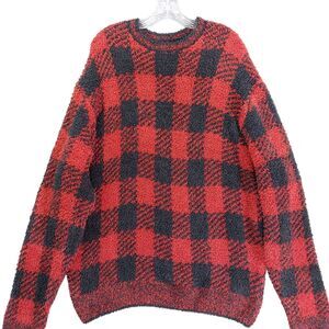 SKIMS Buffalo Plaid Fuzzy Knit Sweater 2X Red Black Cozy Oversized Soft